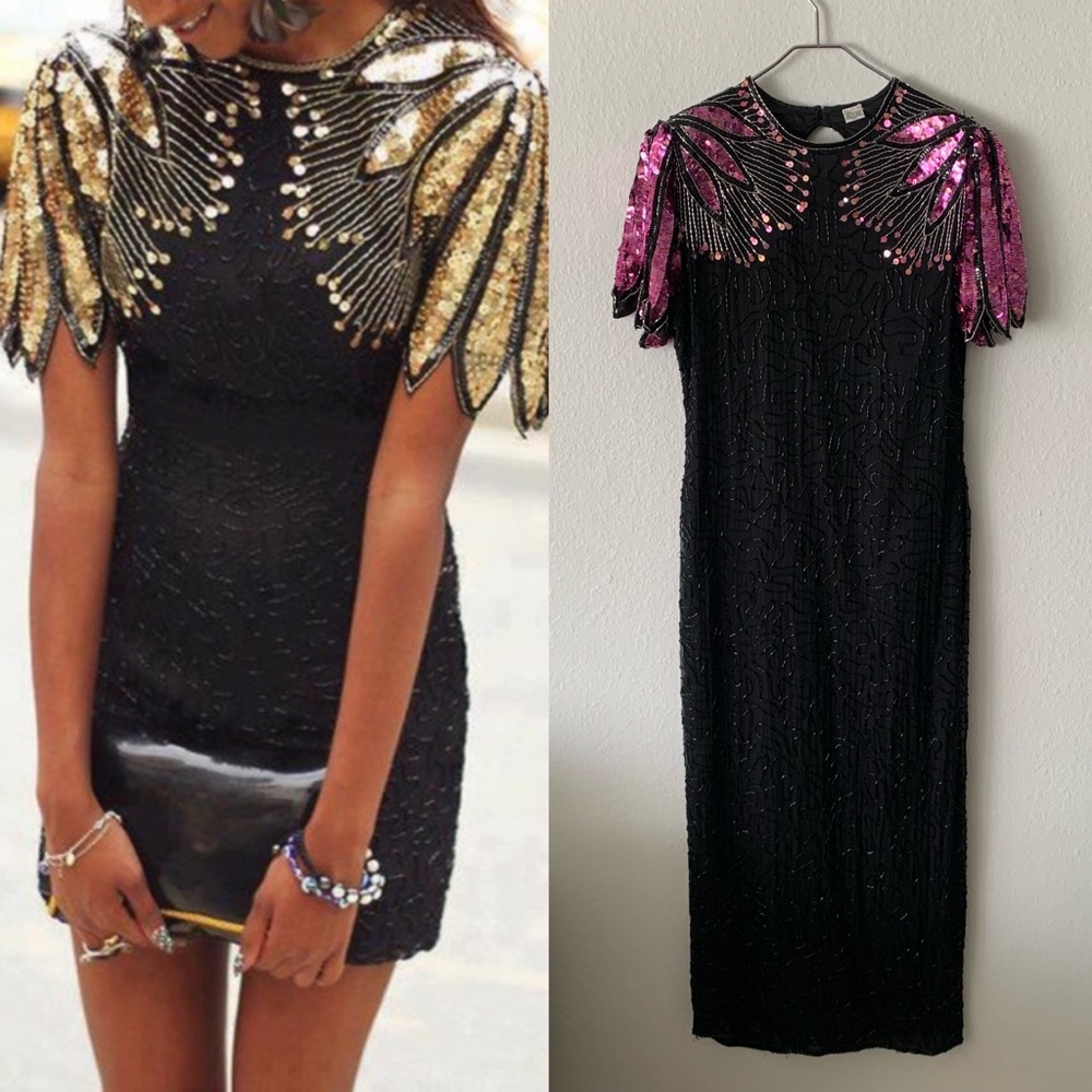 Laurence Kazar Black Pink Beaded Vintage dress